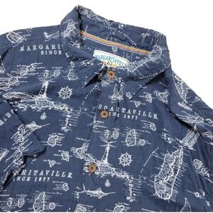 Margaritaville Mens Large Blue All Over Nautical Fish Hawaiian Button Up SS